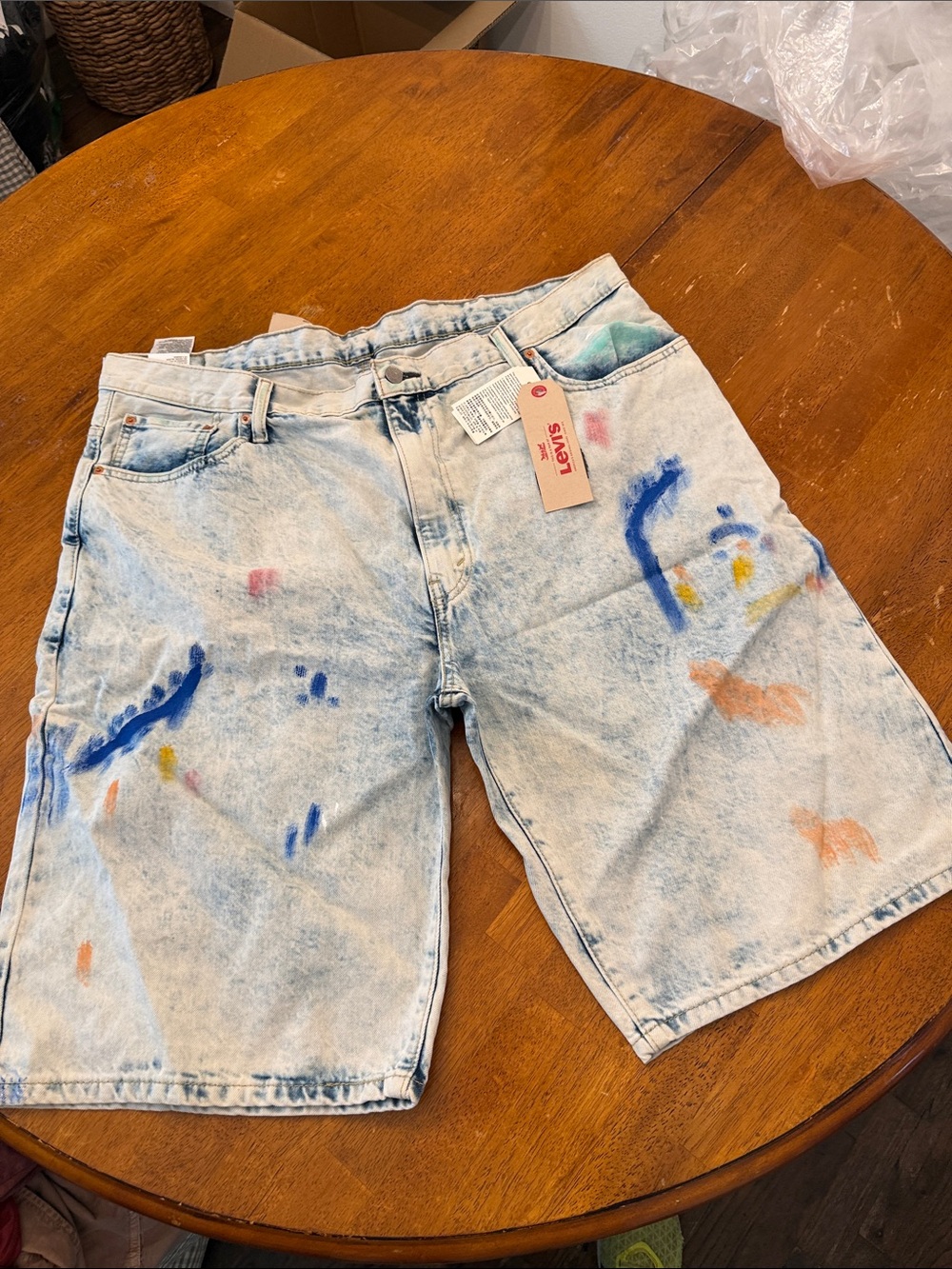 Levi's Light Wash Denim Shorts with Blue, Orange & Yellow Paint Accents size 42